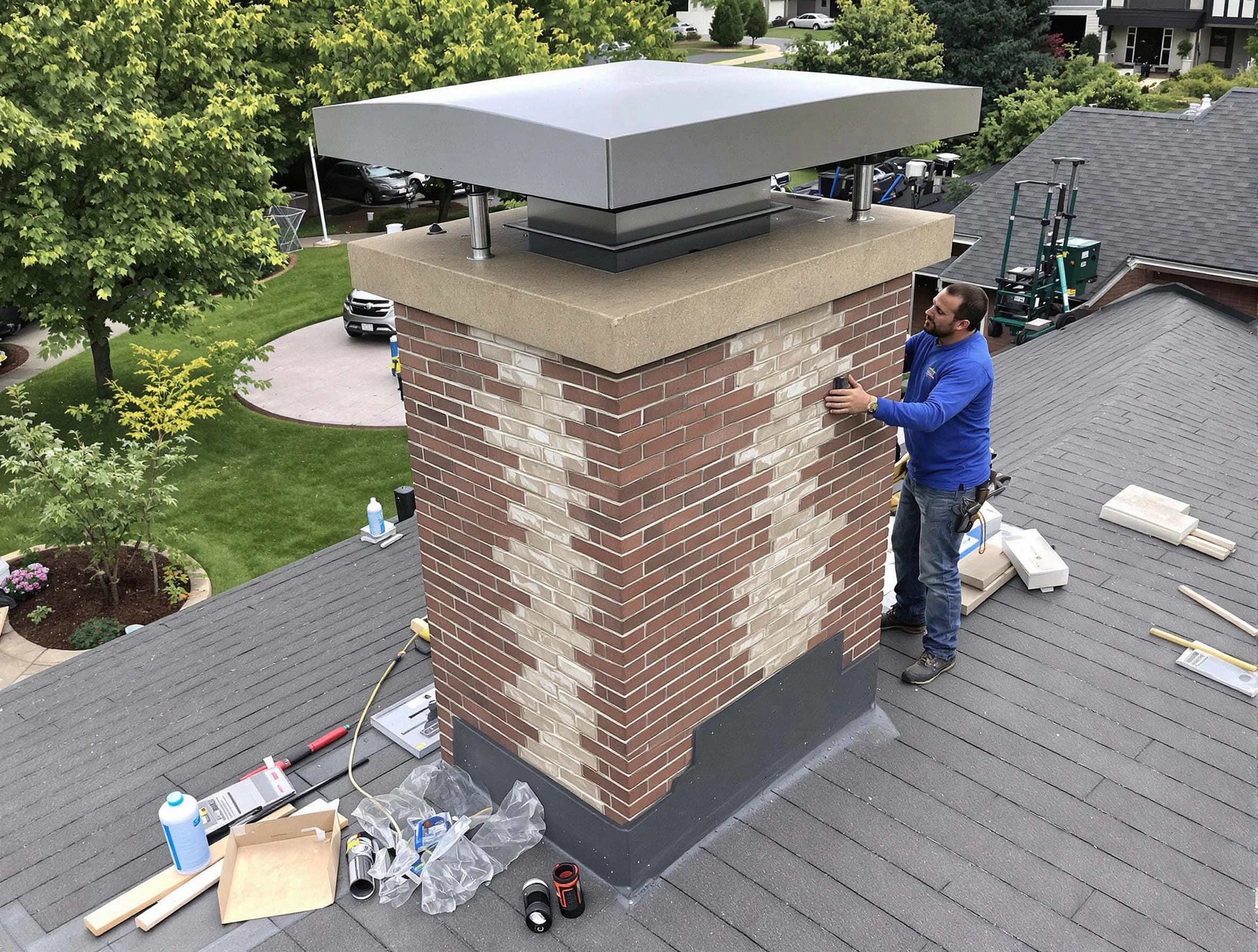 Cranston Chimney Sweep team working on a custom chimney remodel in Cranston, RI