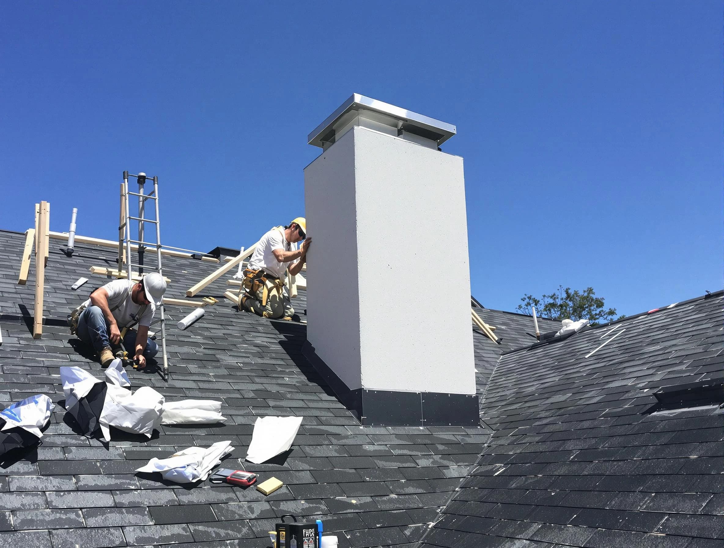 Cranston Chimney Sweep crew installing a new chimney in Cranston, RI