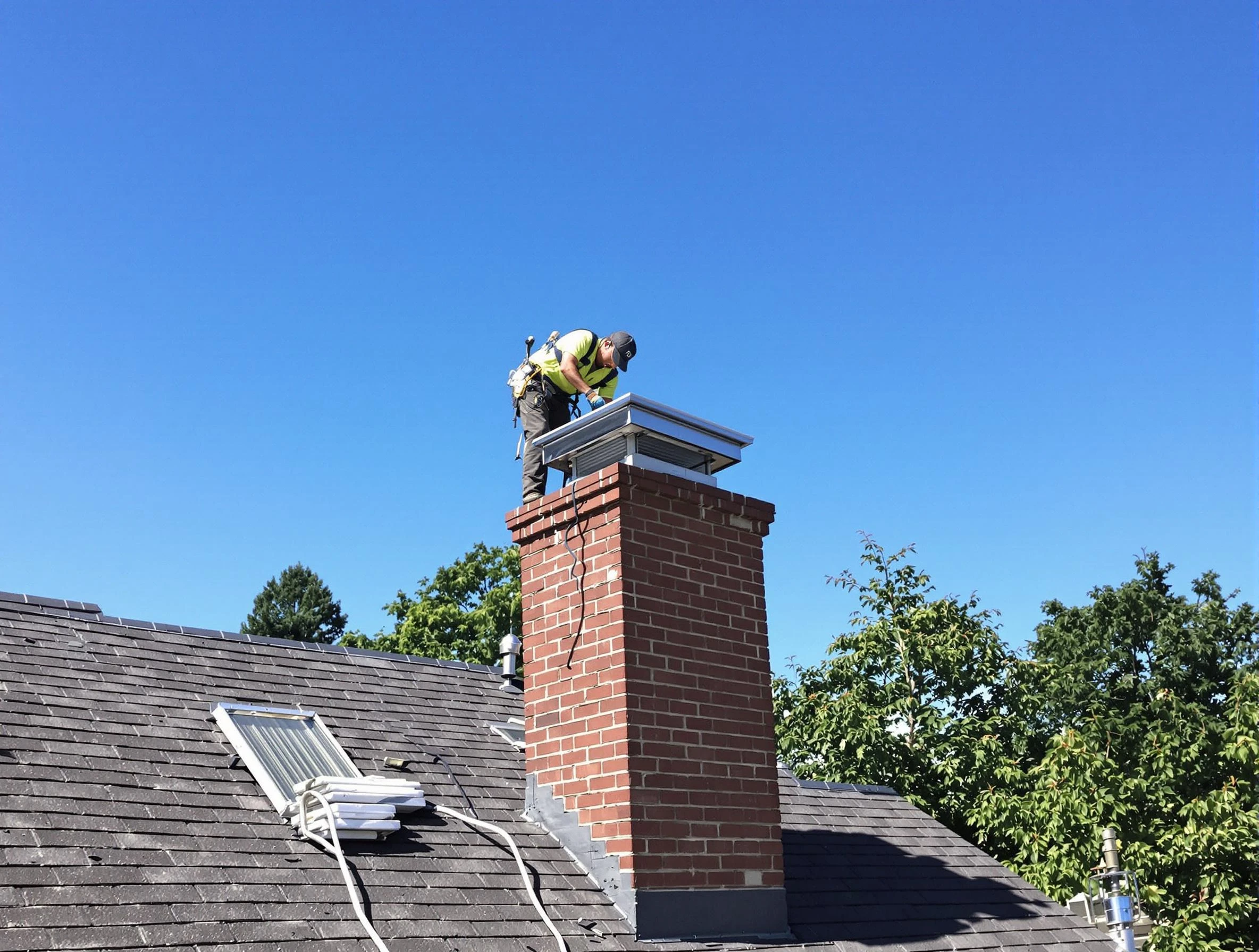 Cranston Chimney Sweep technician measuring a chimney cap in Cranston, RI