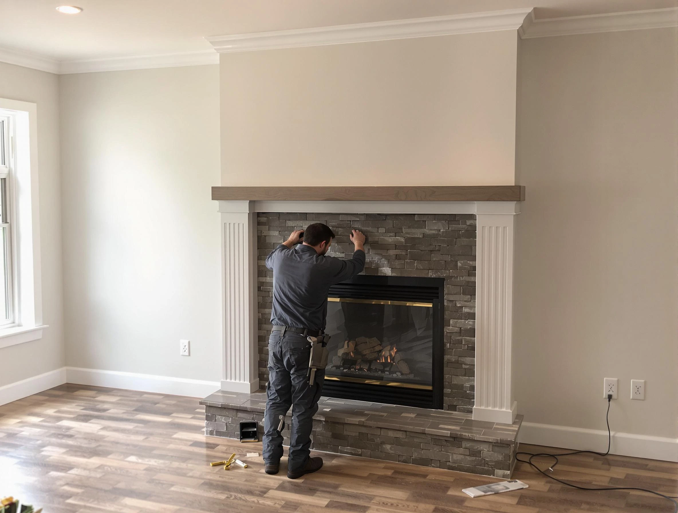 Cranston Chimney Sweep finishing a custom fireplace install in Cranston, RI